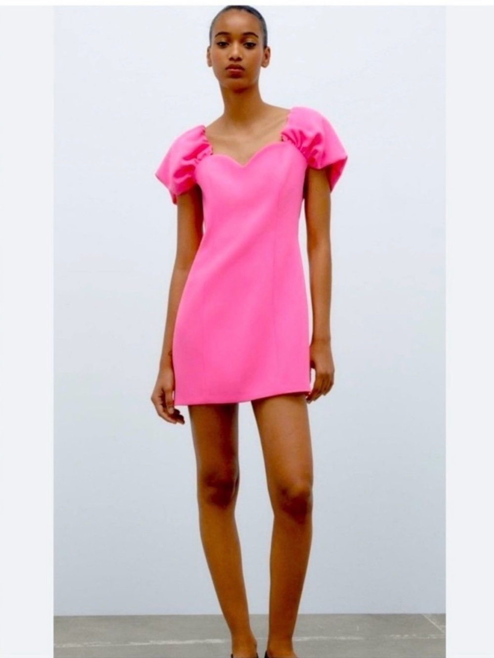 Zara Hot Pink Puff Sleeve Mini Dress Sweetheart Neckline Barbiecore Size L NWT - Picture 8 of 16